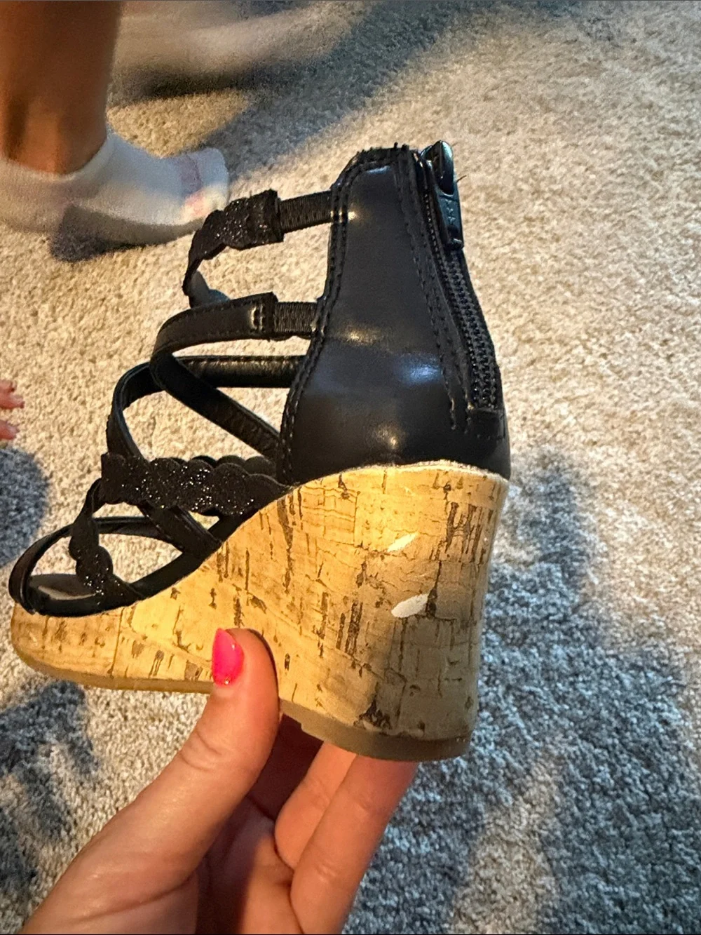Girls Black Scalloped Strappy Wedge Sandals - Size 12